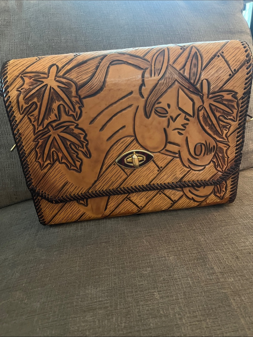 Hand-Tooled Leather Horse Flap Shoulder Bag